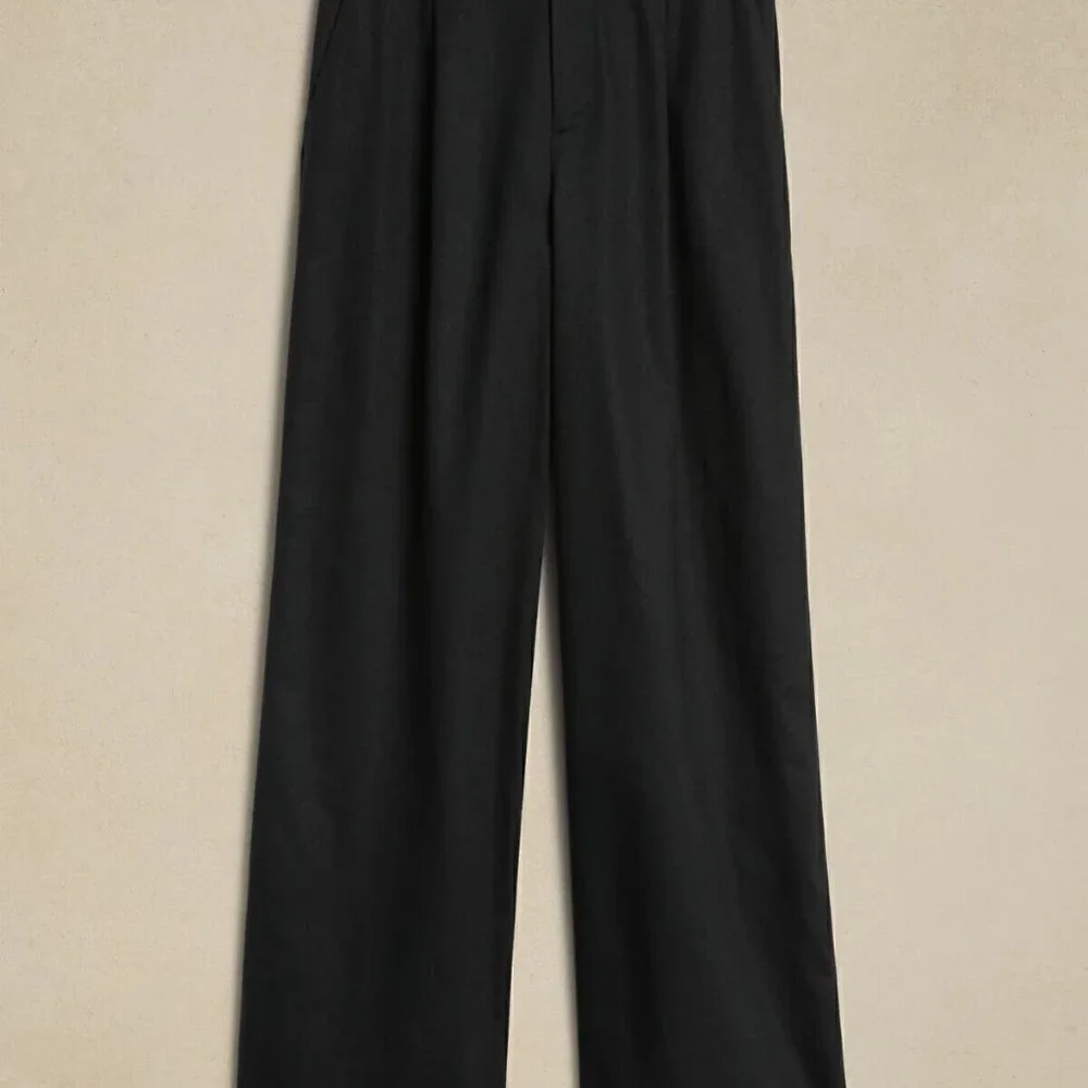Banana Republic High Rise Pleated Wide Leg Linen Cotton Pants Black Size 8 NWT
